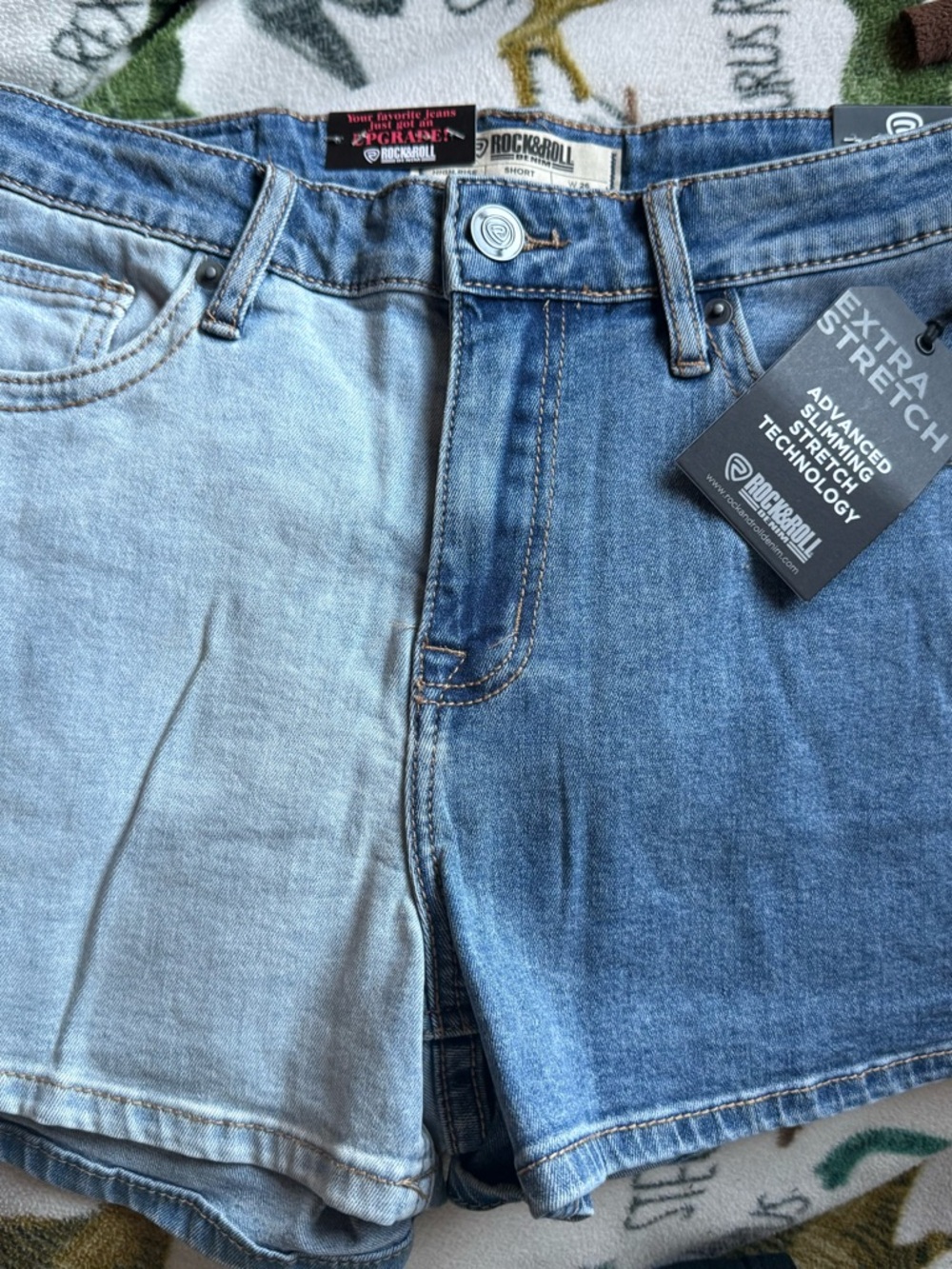 Rock & Roll Cowgirl Two-Tone Light and Medium Blue Jean Shorts